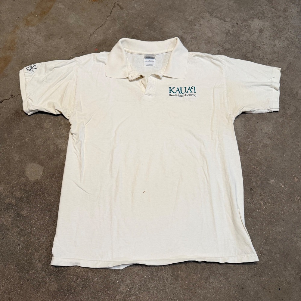 Vintage 90s Polo Shirt Mens Large White Kauai Hawaii Island of Discovery Cotton
